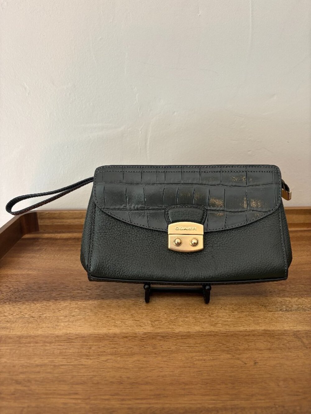 Coach Dark Ivy Green Pebbled Leather Crocodile Embossed Flap Clutch